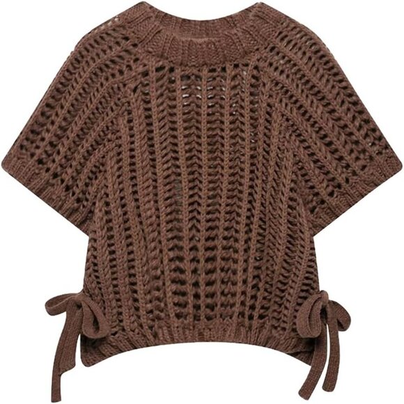 Sweaters - Women Cropped Knit Tank Vest Short Sleeve Side Bow Tie Loose Fit Fashion